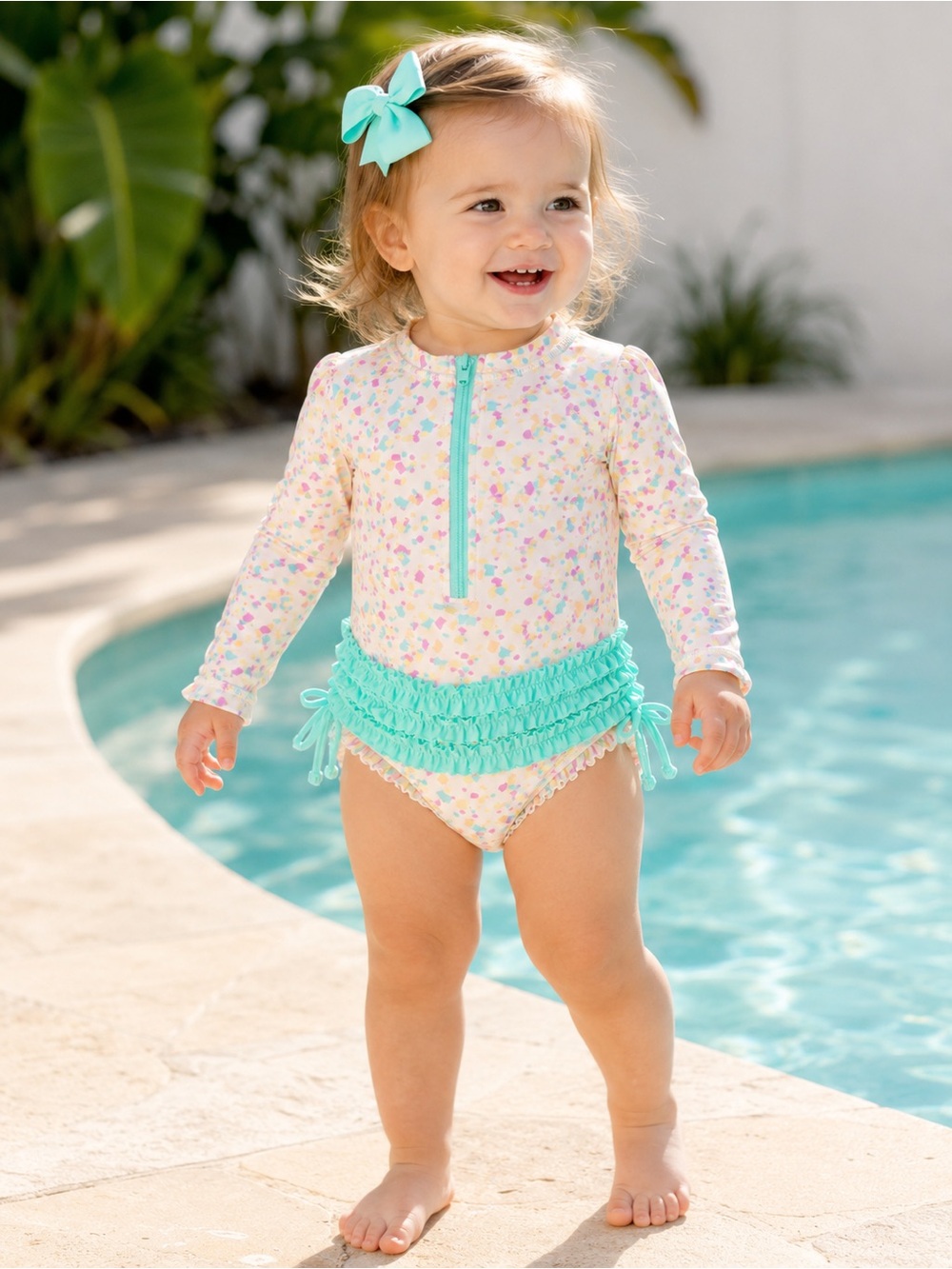 Ruffle Butts Confetti Print Long Sleeve Rash Guard Swimsuit | Size 18-24 Months
